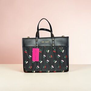 Betsey Johnson Xobeca-n Tote Bag Large Black Cherry Embroidered NWT